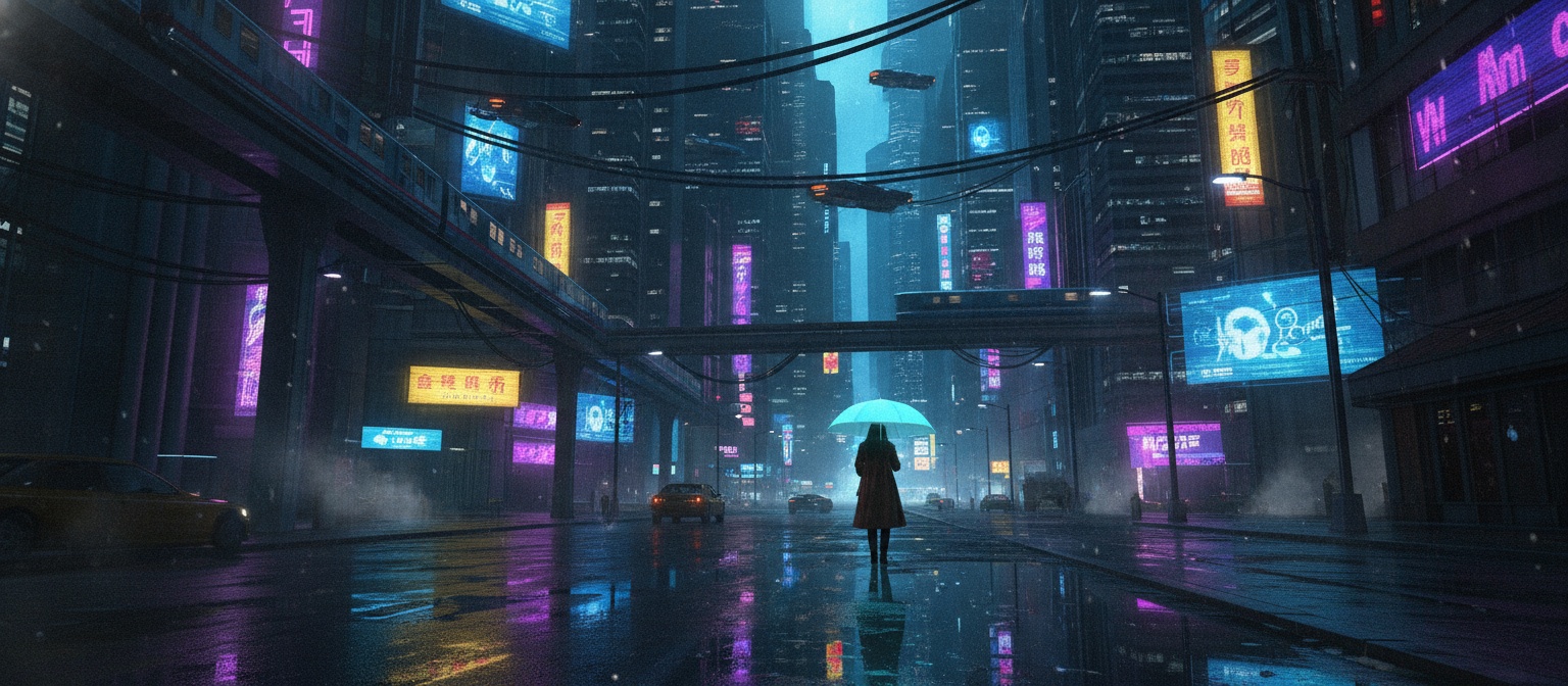 Rue cyberpunk pluvieuse